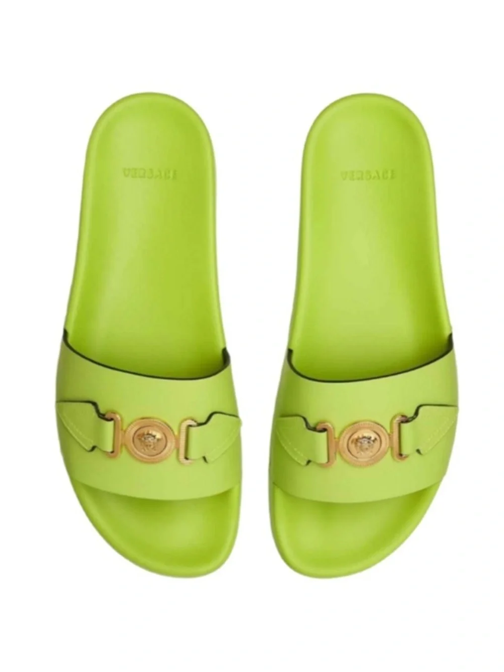 Versace Neon Lime Slide Sandals with Gold Medusa Accents